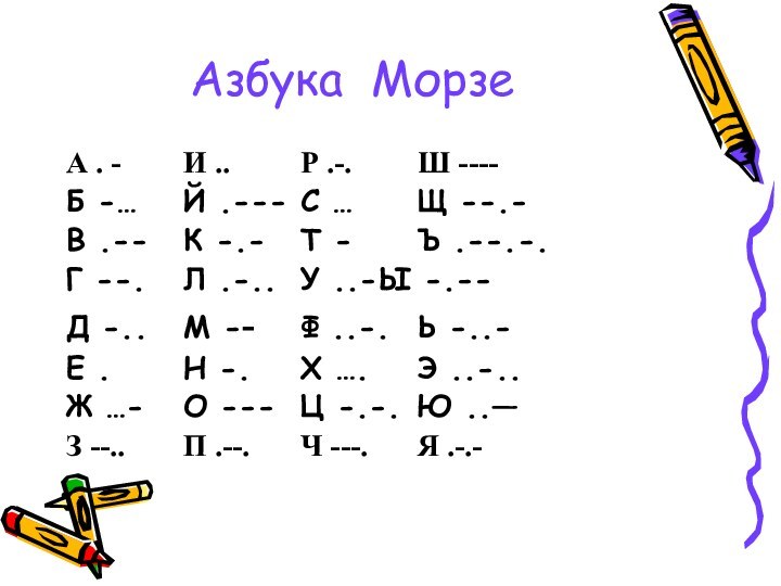 Азбука МорзеА . -		И ..    	Р .-.		Ш ----Б -…		Й