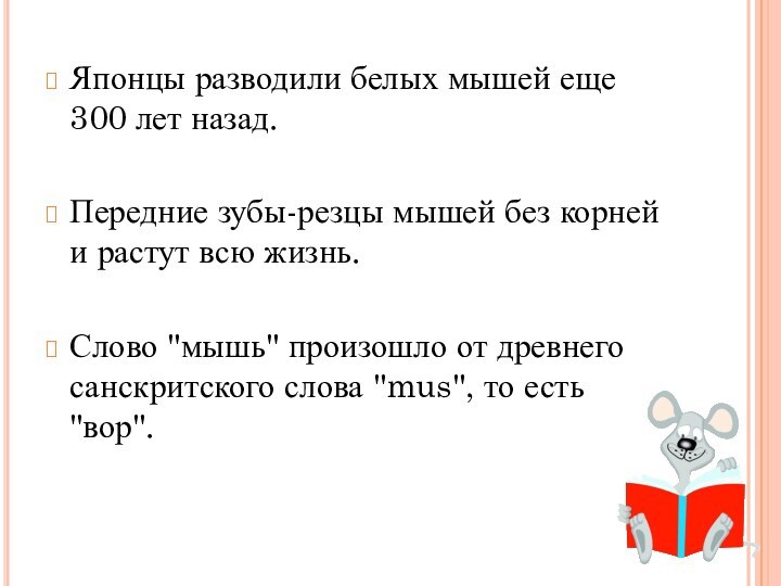 Японцы разводили белых мышей еще 300 лет назад.Передние зубы-резцы мышей без корней