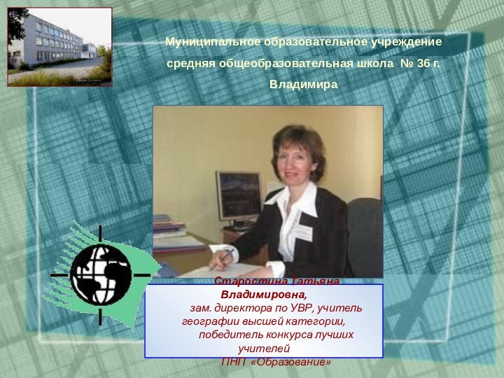 Старостина Татьяна Владимировна, зам. директора по УВР, учитель географии высшей категории,победитель конкурса лучших учителей ПНП «Образование»