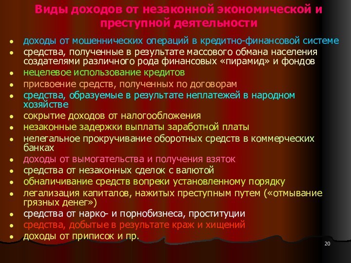 Виды доходов от незаконной экономической и преступной деятельности доходы от мошеннических операций