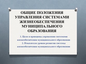 Общие положения управления системами жизнеобеспечения муниципального образования