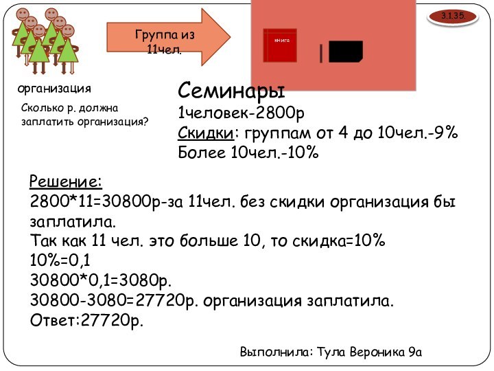 организация3.1.35.книгаСеминары1человек-2800рСкидки: группам от 4 до 10чел.-9%Более 10чел.-10%Группа из 11чел.Сколько р. должна заплатить