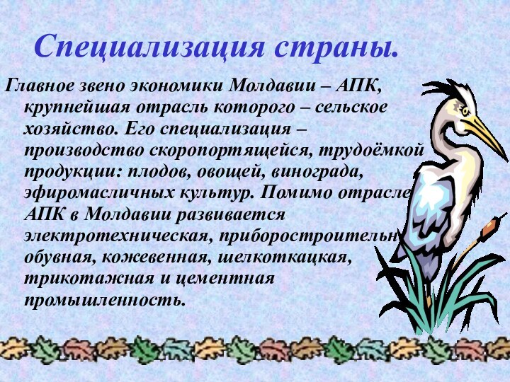 Специализация страны.Главное звено экономики Молдавии – АПК, крупнейшая отрасль которого – сельское