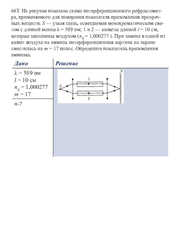 66Т. На рисунке показана схема интерференционного рефрактомет-ра, применяемого для измерения показателя преломления