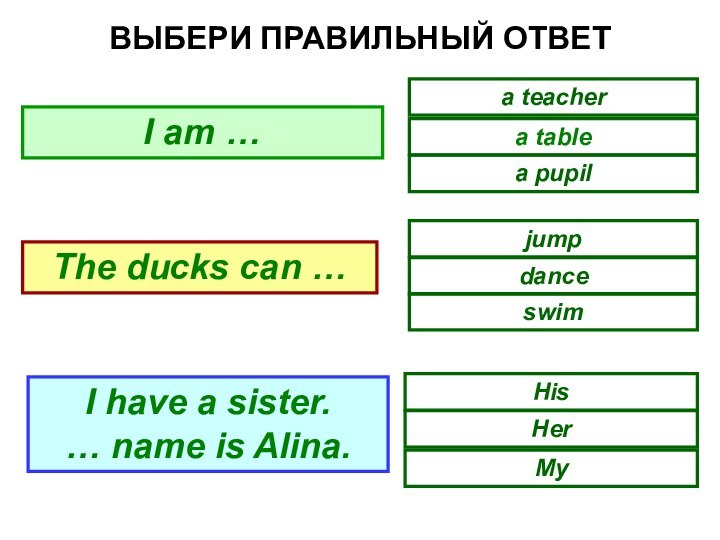 ВЫБЕРИ ПРАВИЛЬНЫЙ ОТВЕТa tablea teachera pupilswimdancejumpHerHisMyI am …The ducks can …I have