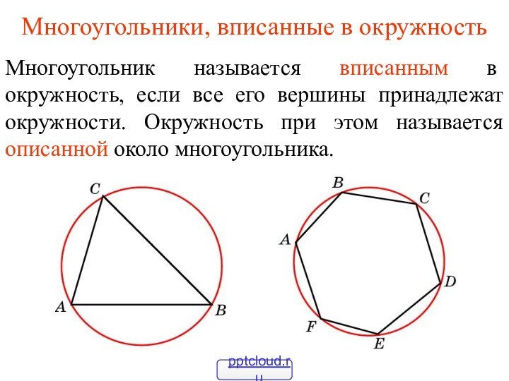 Многоугольники, вписанные в окружностьМногоугольник называется вписанным в окружность, если все его вершины