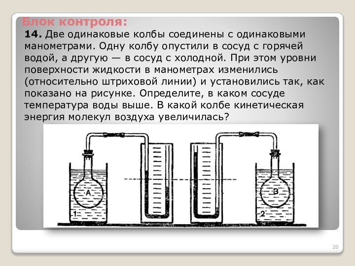 14. Две одинаковые колбы соединены с одинаковыми манометрами. Одну колбу опустили в