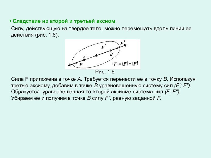 Следствие из второй и третьей аксиомСилу, действующую на твердое тело, можно