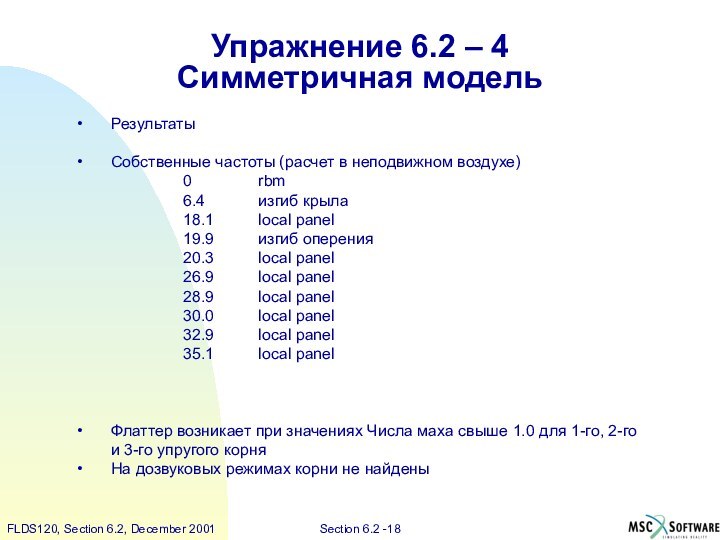 Упражнение 6.2 – 4 Симметричная модельРезультатыСобственные частоты (расчет в неподвижном воздухе)0