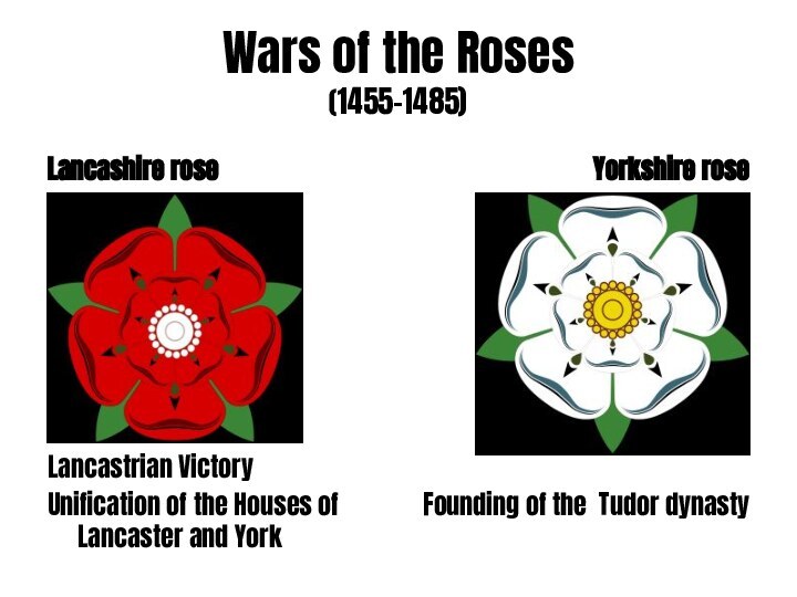 Wars of the Roses (1455–1485)Lancashire roseLancastrian VictoryUnification of the Houses of Lancaster