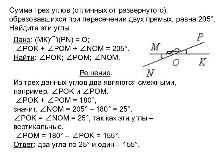 Сумма трех углов (отличных от развернутого), образовавшихся при пересечении двух прямых, равна