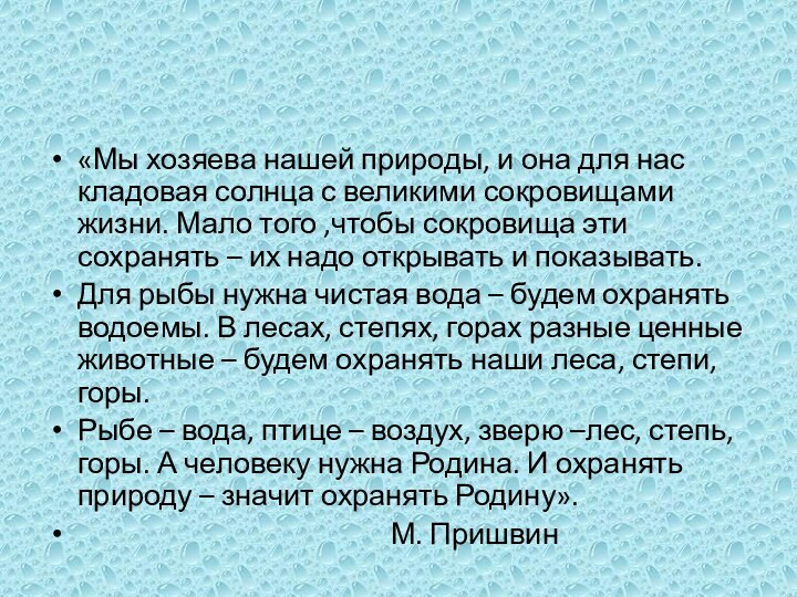 «Мы хозяева нашей природы, и она для нас кладовая солнца с великими