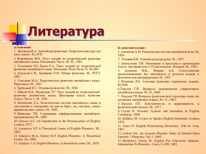 Литература а) основная:1.  Васильев В.А. Английская фонетика. Теоретический курс (на англ. языке). М.,1970.2. Веренинова