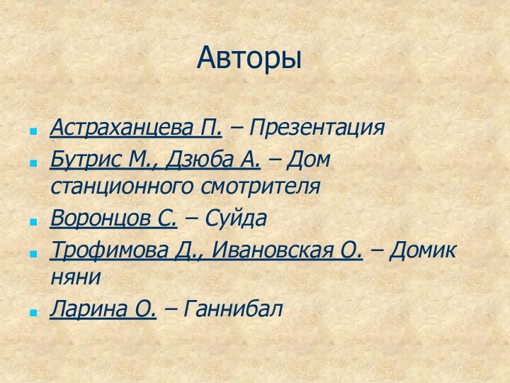 АвторыАстраханцева П. – Презентация Бутрис М., Дзюба А. – Дом станционного смотрителяВоронцов