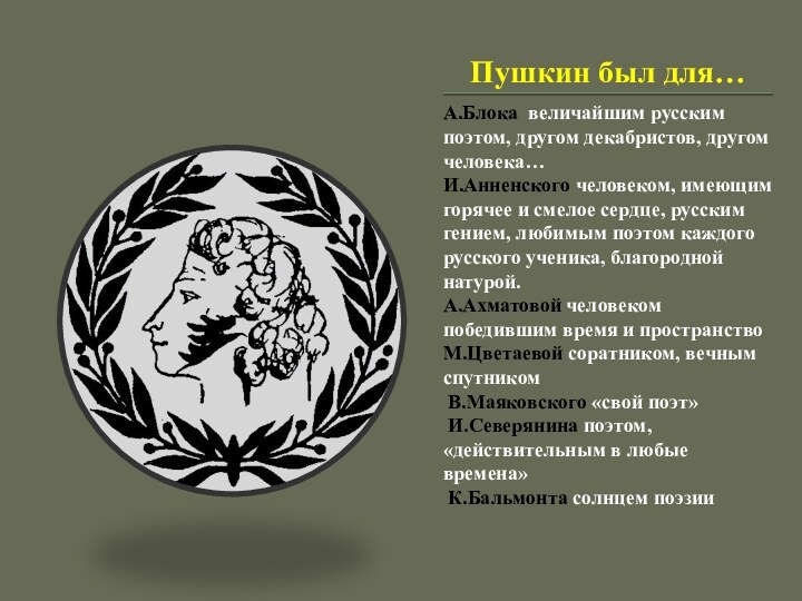 Пушкин был для…А.Блока величайшим русским поэтом, другом декабристов, другом человека…И.Анненского человеком, имеющим