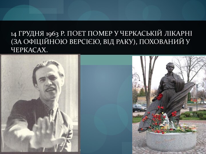 14 грудня 1963 р. поет помер у черкаськiй лiкарнi (за офiцiйною версiєю,