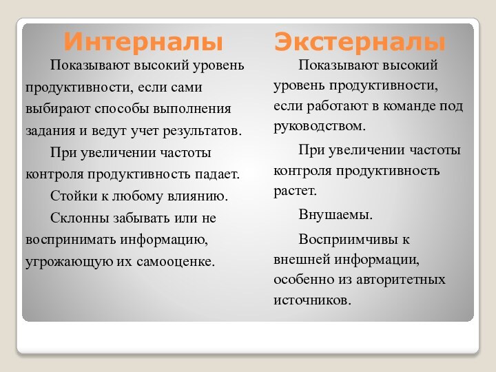 ИнтерналыПоказывают высокий уровень продуктивности, если сами выбирают способы выполнения задания и ведут