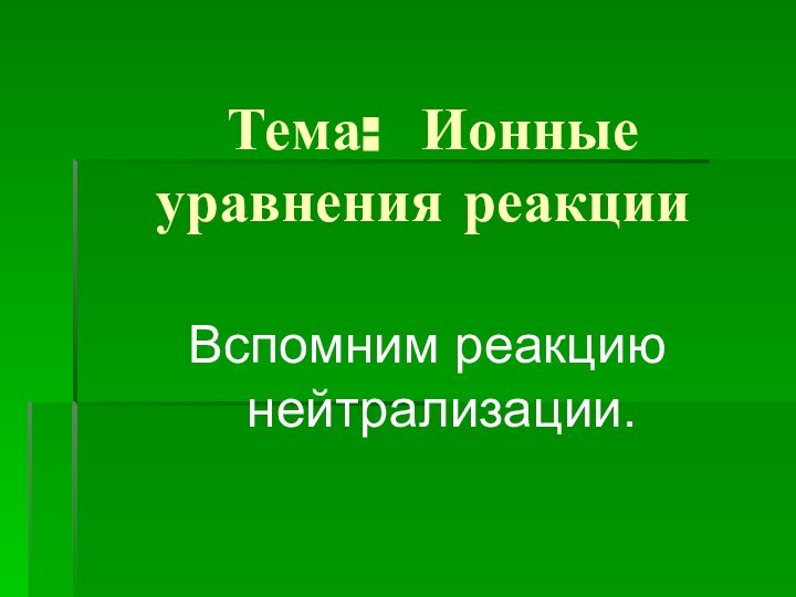 Тема: Ионные уравнения реакции  Вспомним реакцию нейтрализации.