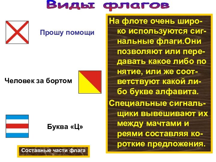 На флоте очень широ-ко используются сиг-нальные флаги.Они позволяют или пере-давать какое либо