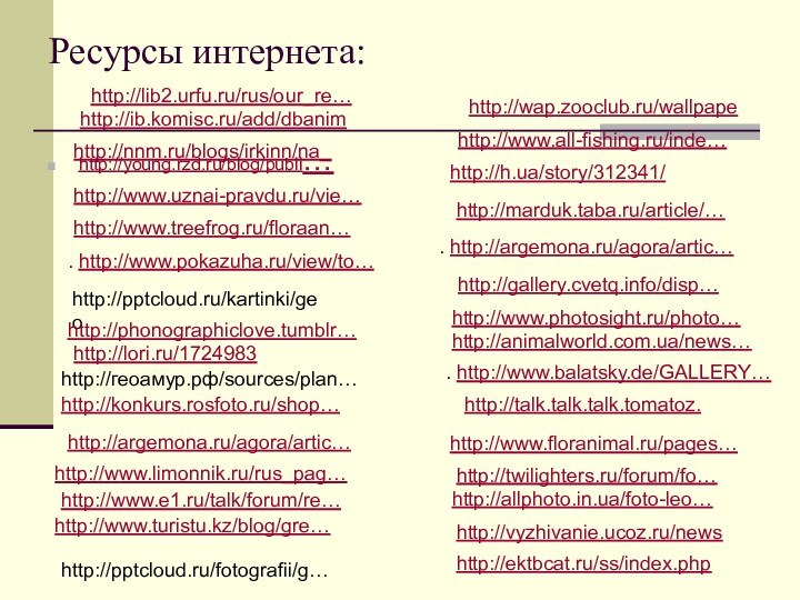 Ресурсы интернета:http://young.rzd.ru/blog/publi… http://www.uznai-pravdu.ru/vie…http://www.treefrog.ru/floraan… . http://www.pokazuha.ru/view/to… http:///kartinki/geohttp://phonographiclove.tumblr…http://lori.ru/1724983 http://геоамур.рф/sources/plan… http://konkurs.rosfoto.ru/shop… http://argemona.ru/agora/artic…http://www.limonnik.ru/rus_pag… http://www.e1.ru/talk/forum/re… http://www.turistu.kz/blog/gre… http://h.ua/story/312341/ http://marduk.taba.ru/article/…. http://argemona.ru/agora/artic… http://gallery.cvetq.info/disp… http://www.photosight.ru/photo… http://animalworld.com.ua/news… . http://www.balatsky.de/GALLERY…http://talk.talk.talk.tomatoz.http://www.floranimal.ru/pages… http://twilighters.ru/forum/fo… http://allphoto.in.ua/foto-leo… http://vyzhivanie.ucoz.ru/newshttp://ektbcat.ru/ss/index.phphttp:///fotografii/g… http://nnm.ru/blogs/irkinn/na_http://www.all-fishing.ru/inde…http://wap.zooclub.ru/wallpapehttp://ib.komisc.ru/add/dbanimhttp://lib2.urfu.ru/rus/our_re…