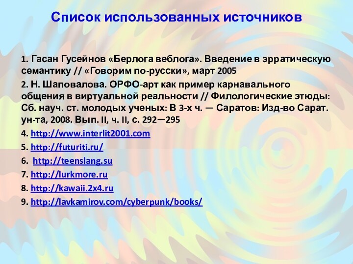 Список использованных источников 1. Гасан Гусейнов «Берлога веблога». Введение в эрратическую семантику