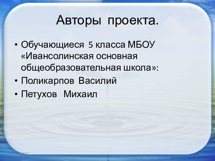 Авторы проекта.Обучающиеся 5 класса МБОУ «Ивансолинская основная общеобразовательная школа»:Поликарпов ВасилийПетухов  Михаил