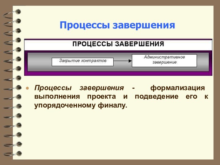 Процессы завершенияПроцессы завершения - формализация выполнения проекта и подведение его к упорядоченному финалу.