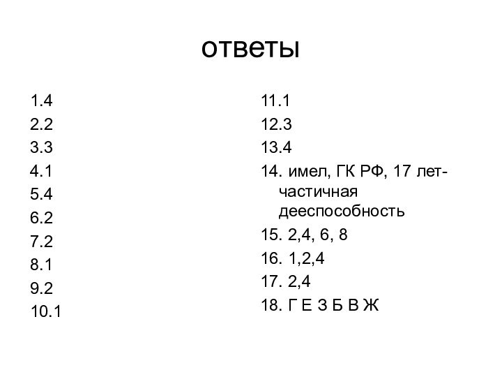 ответы1.42.23.34.15.46.27.28.19.210.111.112.313.414. имел, ГК РФ, 17 лет-частичная дееспособность15. 2,4, 6, 816. 1,2,417. 2,418.