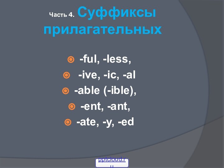 Часть 4. Суффиксы прилагательных-ful, -less, -ive, -ic, -al-able (-ible), -ent, -ant, -ate, -y, -ed