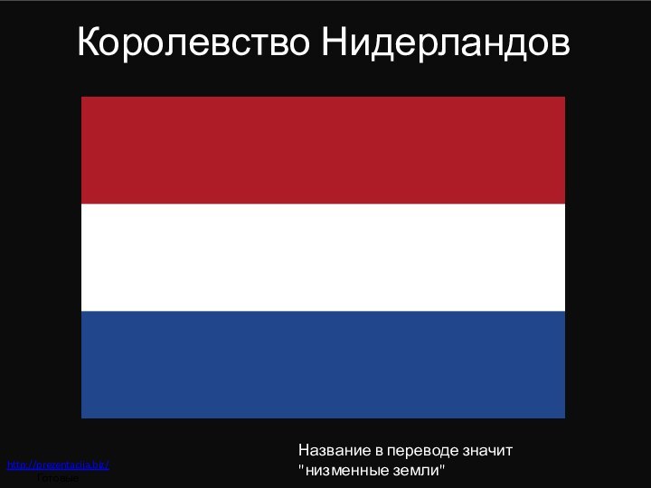 Королевство НидерландовНазвание страны происходит от голландскогоNederland — «низменная страна». Название в переводе значит 