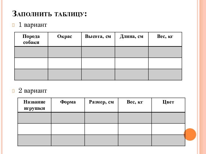 Заполнить таблицу:1 вариант2 вариант