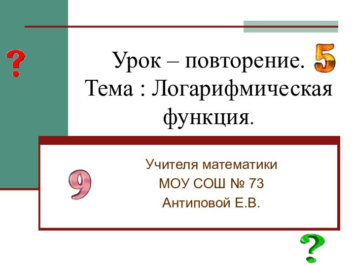 Урок – повторение. Тема : Логарифмическая функция.Учителя математикиМОУ СОШ № 73Антиповой Е.В.