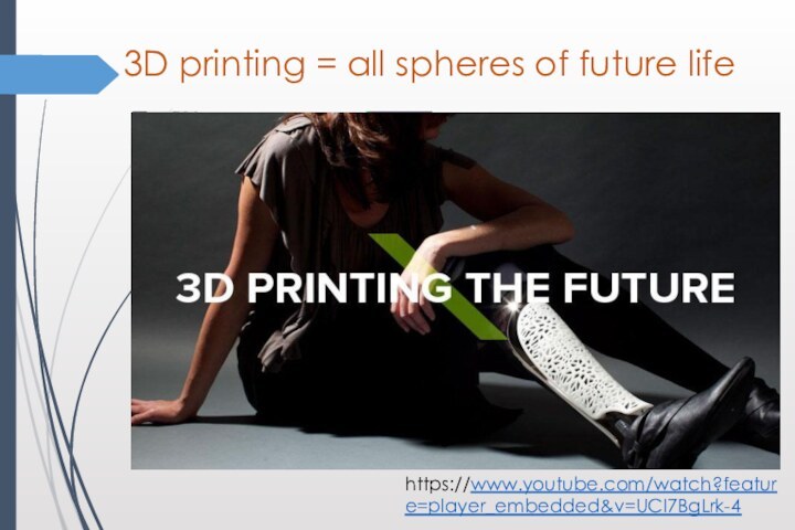 3D printing = all spheres of future lifehttps://www.youtube.com/watch?feature=player_embedded&v=UCI7BgLrk-4