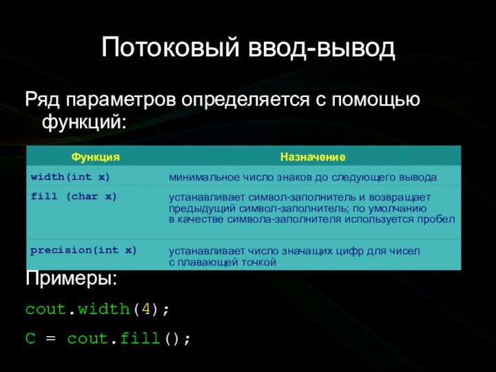 Потоковый ввод-выводРяд параметров определяется с помощью функций:Примеры:cout.width(4);C = cout.fill();