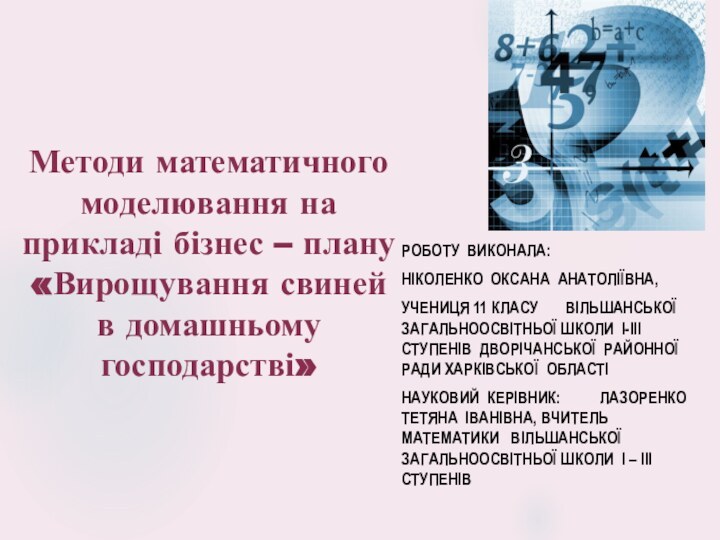 Методи математичного моделювання на прикладі бізнес – плану «Вирощування свиней в домашньому