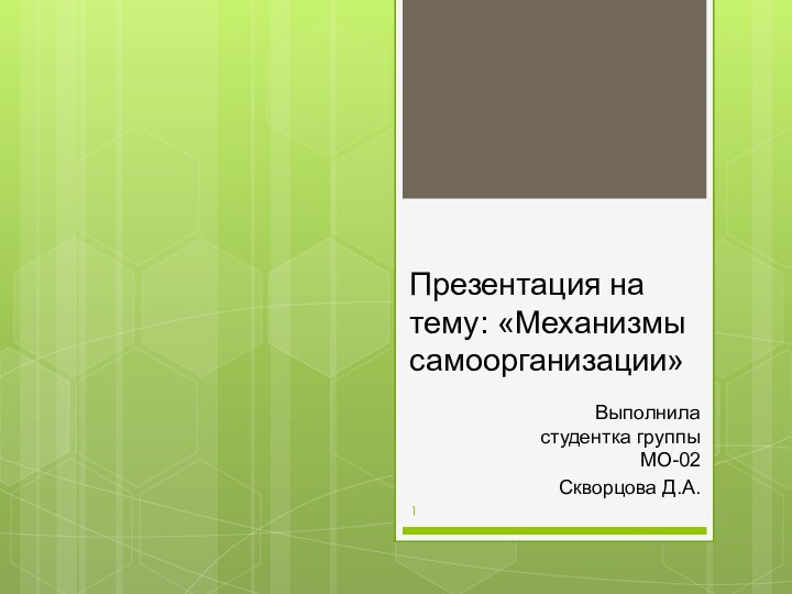 Презентация на тему: «Механизмы самоорганизации»Выполнила студентка группы МО-02Скворцова Д.А.