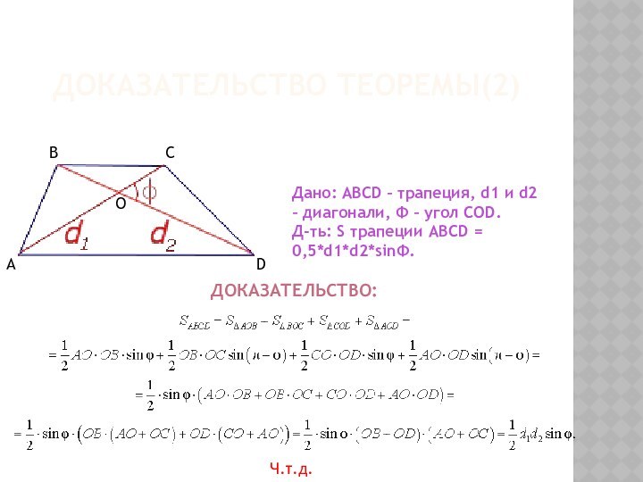 Доказательство теоремы(2)ABCDOДано: ABCD – трапеция, d1 и d2 – диагонали, Ф –