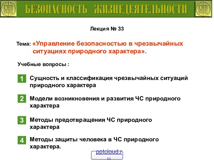 Лекция № 33Тема: «Управление безопасностью в чрезвычайных     ситуациях