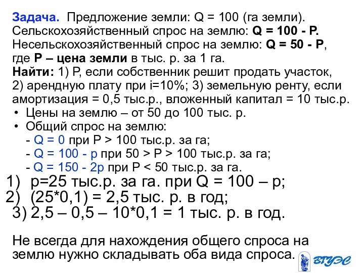 Задача. Предложение земли: Q = 100 (га земли). Сельскохозяйственный спрос на землю: