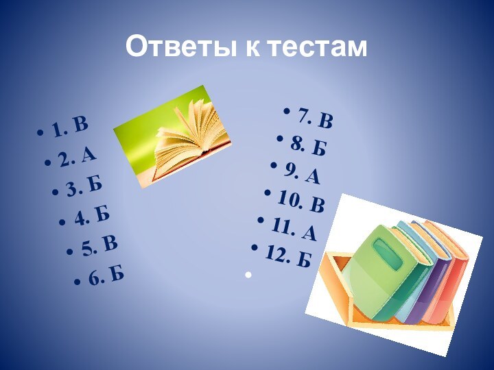 Ответы к тестам1. В2. А3. Б4. Б5. В6. Б7. В8. Б9. А10. В11. А12. Б 