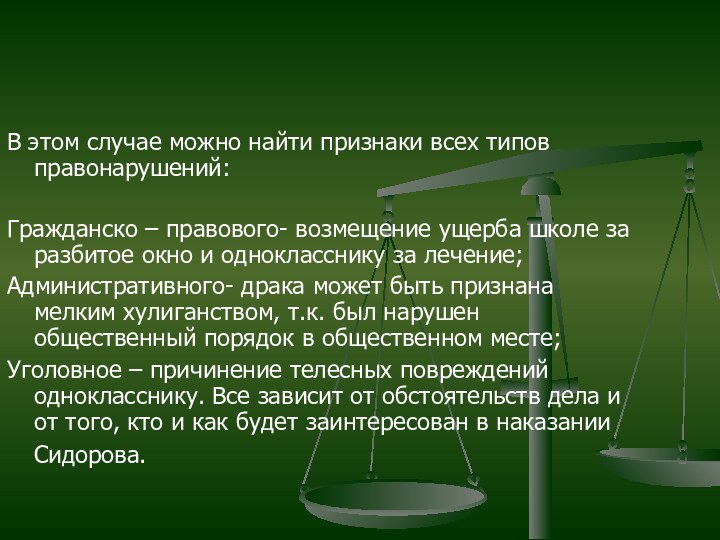 В этом случае можно найти признаки всех типов правонарушений:Гражданско – правового- возмещение