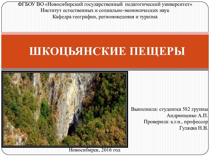 ШКОЦЬЯНСКИЕ ПЕЩЕРЫФГБОУ ВО «Новосибирский государственный педагогический университет»Институт естественных и социально-экономических наукКафедра географии,