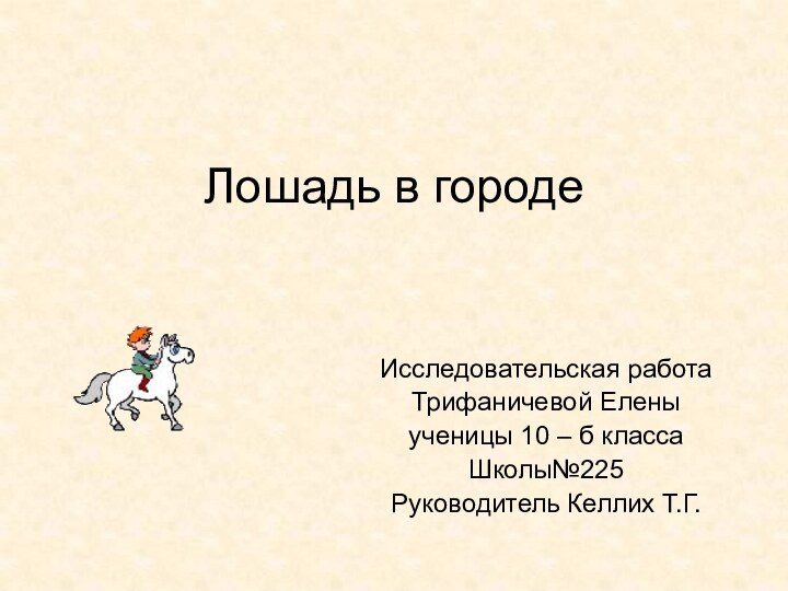 Лошадь в городеИсследовательская работаТрифаничевой Еленыученицы 10 – б класса Школы№225Руководитель Келлих Т.Г.