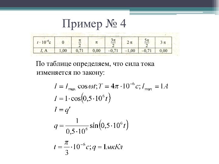 Пример № 4  По таблице определяем, что сила тока изменяется по закону: