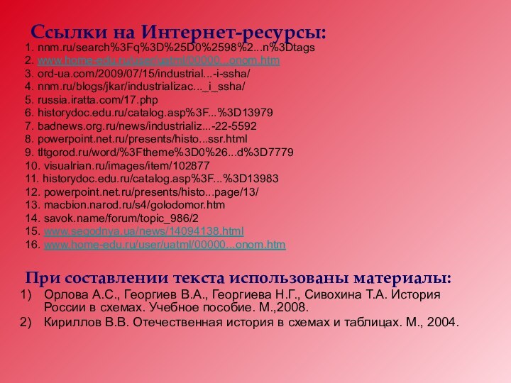 Ссылки на Интернет-ресурсы:1. nnm.ru/search%3Fq%3D%25D0%2598%2...n%3Dtags 2. www.home-edu.ru/user/uatml/00000...onom.htm3. ord-ua.com/2009/07/15/industrial...-i-ssha/ 4. nnm.ru/blogs/jkar/industrializac..._i_ssha/ 5. russia.iratta.com/17.php 6.