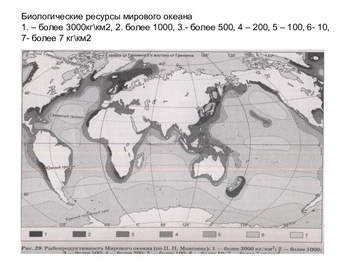 Биологические ресурсы мирового океана 1. – более 3000кг\км2, 2. более 1000, 3.-