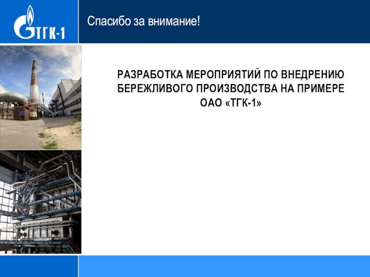 РАЗРАБОТКА МЕРОПРИЯТИЙ ПО ВНЕДРЕНИЮ БЕРЕЖЛИВОГО ПРОИЗВОДСТВА НА ПРИМЕРЕ ОАО «ТГК-1» Спасибо за внимание!