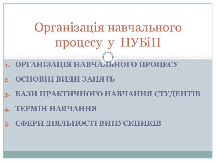 Організація навчального процесуОсновні види занятьБази практичного навчання студентівТермін навчанняСфери діяльності випускниківОрганізація навчального процесу у НУБіП