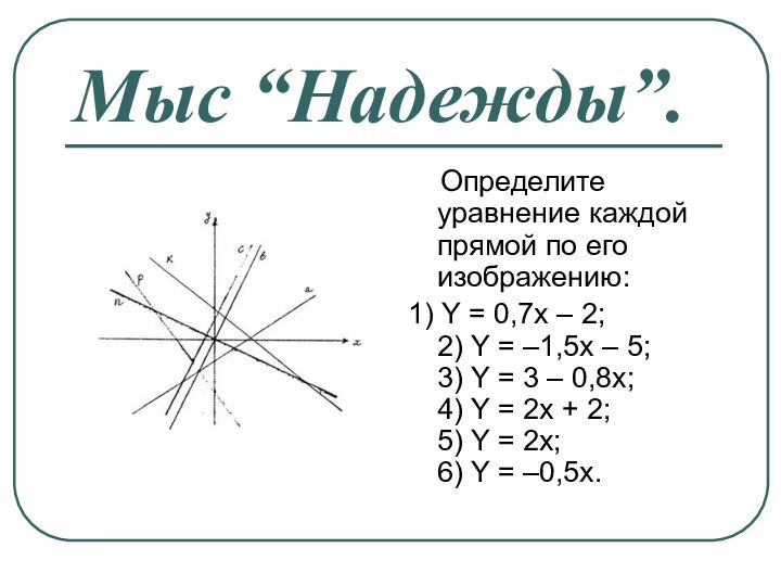 Мыс “Надежды”.   Определите уравнение каждой прямой по его изображению:1) Y