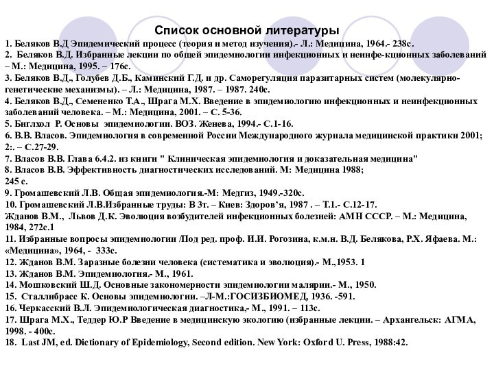 Список основной литературы1. Беляков В.Д Эпидемический процесс (теория и метод изучения).- Л.: